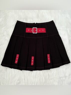 Royal Bones By Tripp Black Pleated Mini Skirt With Buckle & Red Accents